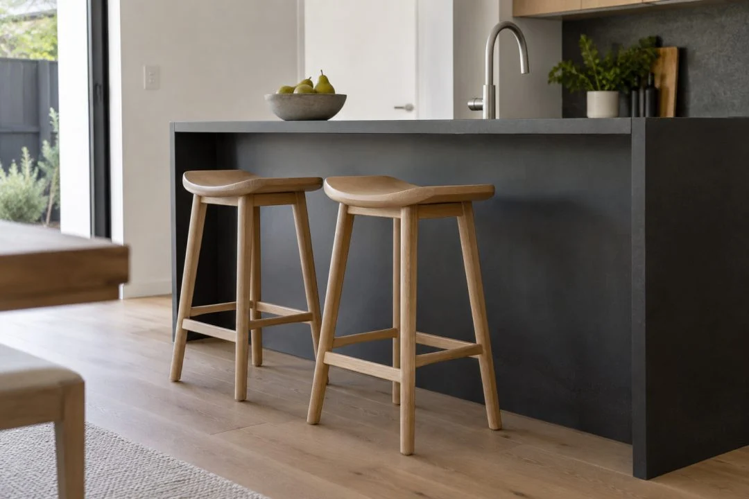 Two pale timber stools positioned at a dark kitchen island.