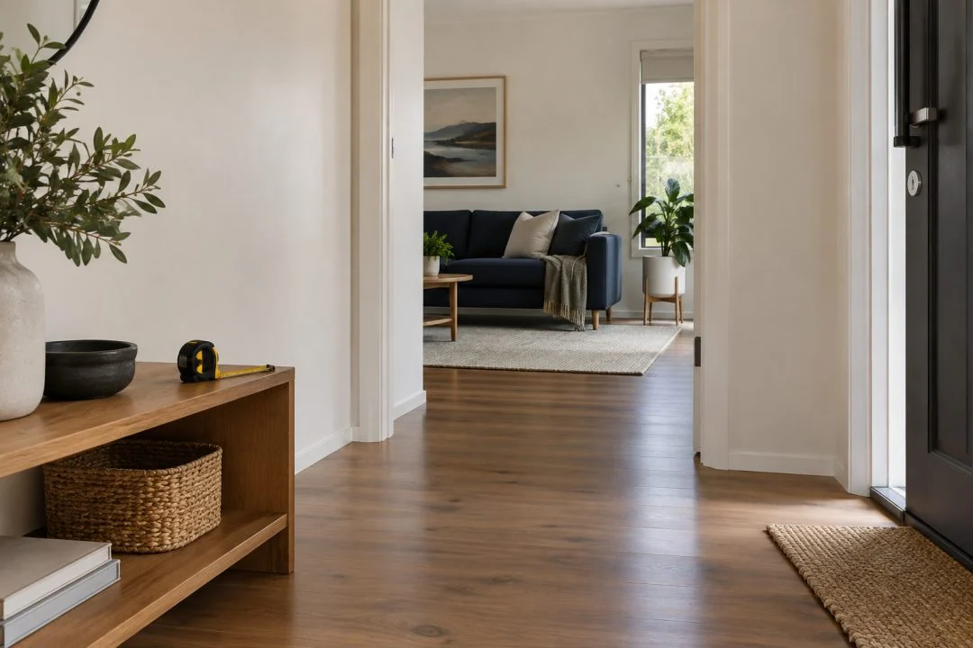 An entry hallway leading to a living room, with a tape measure on the hall table.