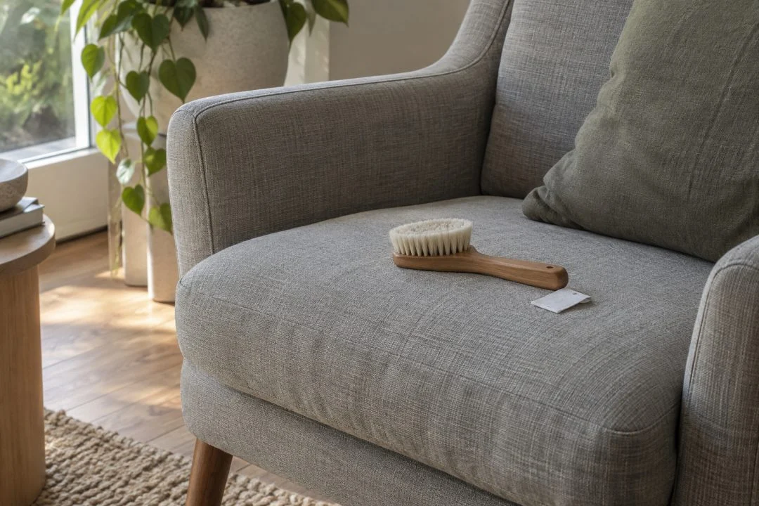 A grey upholstered chair with a soft brush and care tag on its seat.