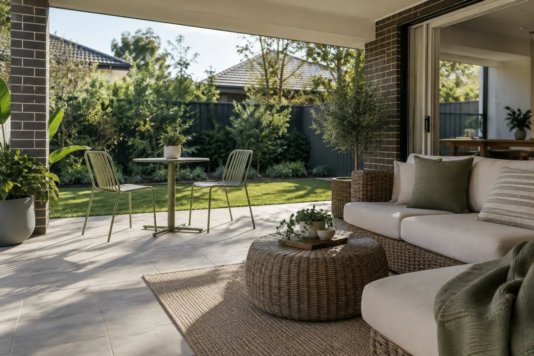 A sheltered patio with a bistro setting and lounge seating.