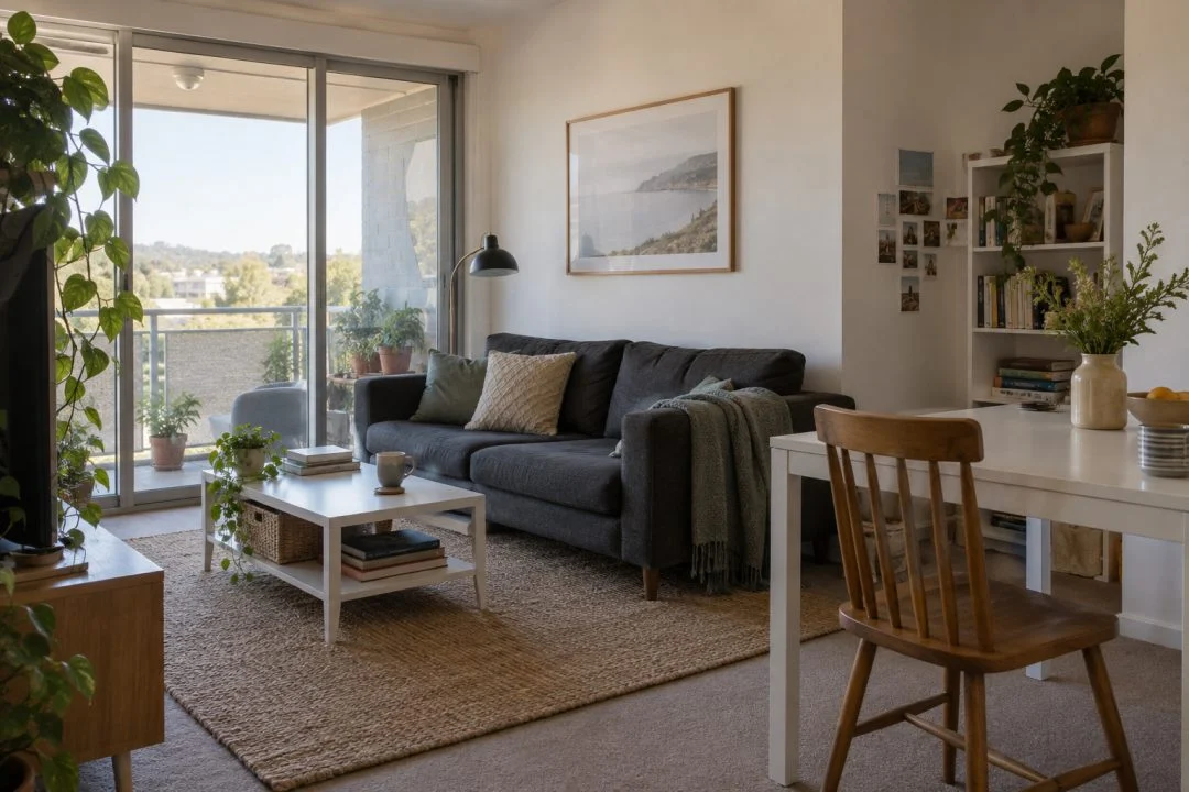 A modest apartment with simple practical furniture in mixed finishes.