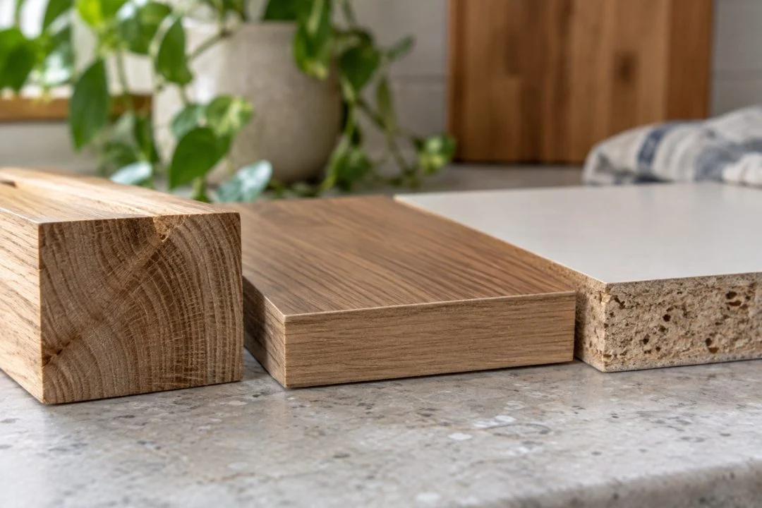 Wood and engineered-board samples showing different edge structures.