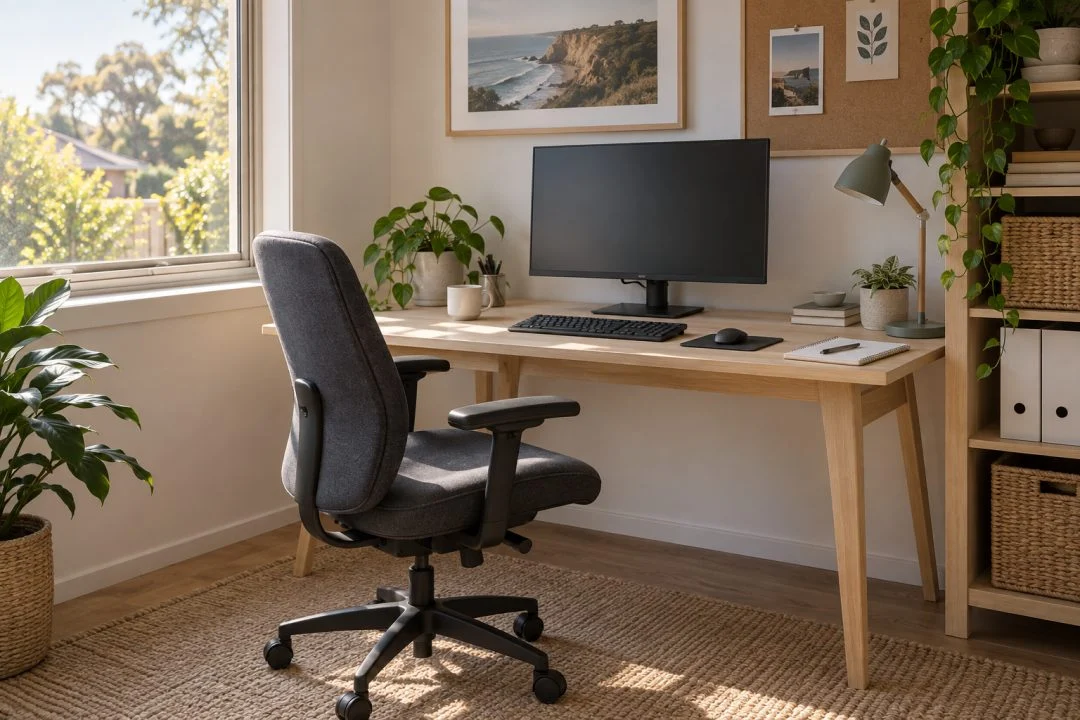A timber desk and adjustable chair with a separate monitor and keyboard.