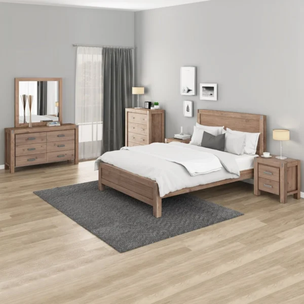 5 Pieces Bedroom Suite in Solid Wood Veneered Acacia Construction Timber Slat King Size Oak Colour Bed, Bedside Table, Tallboy & Dresser