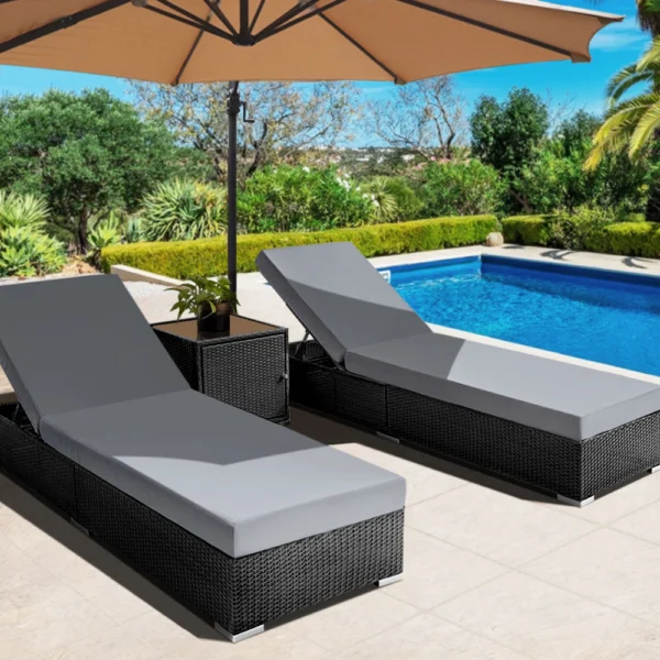 Gardeon 3-Piece Sun Lounge Wicker Lounger Outdoor Furniture Day Bed Rattan Garden