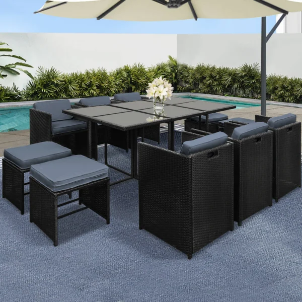 Gardeon Outdoor Dining Set 11 Piece Wicker Table Chairs Setting – Black