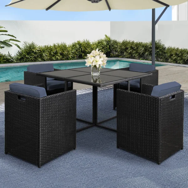 Gardeon Outdoor Dining Set 5 Piece Wicker Table Chairs Setting – Black