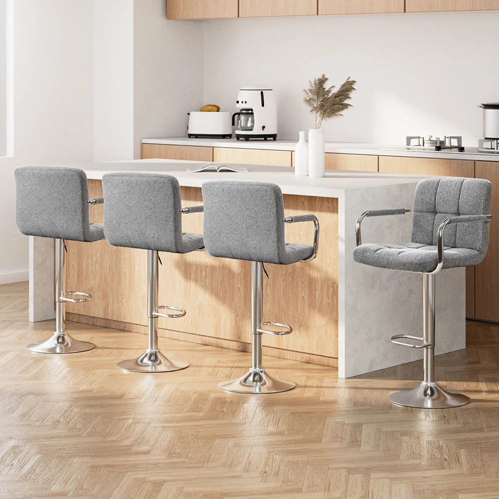 Artiss 4x Bar Stools Fabric Gas Lift w/Armrest – Grey