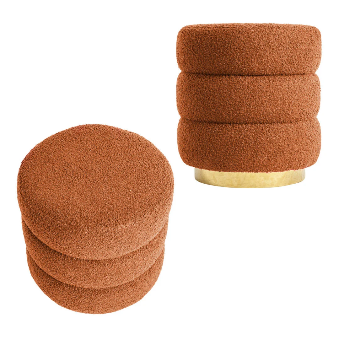 2X Round Stacked Ottoman Stool Teddy Fleece Fabric Foot Rest 38 cm – ORANGE