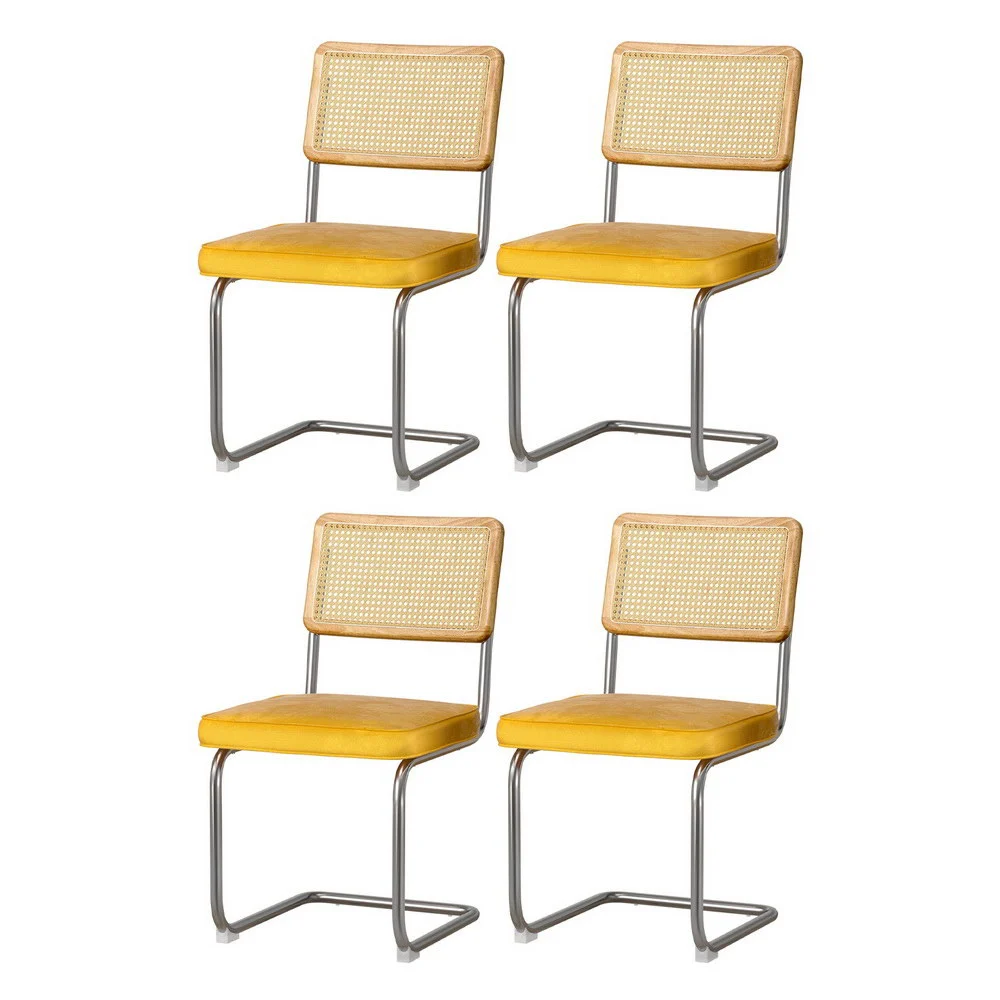 Artiss Dining Chairs Set of 4 Velvet Rattan Cantilever – Yellow