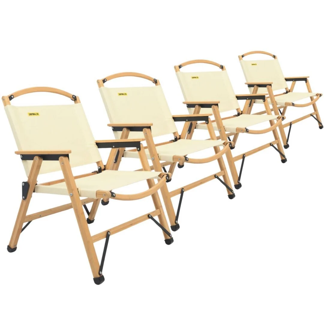 4x Bamboo Canvas Foldable Outdoor Camping Chair Wooden Picnic Park – Khaki/Beige
