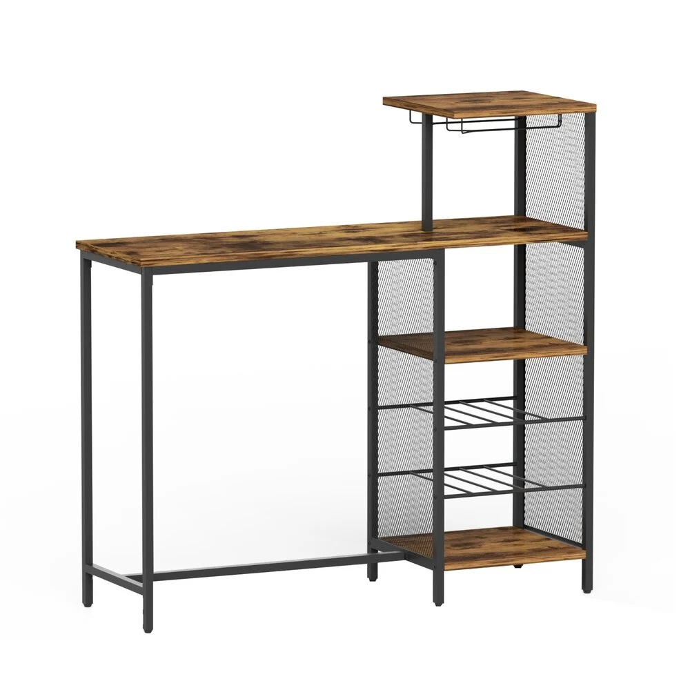 Artiss Industrial Bar Table with Wine Rack Cup Holder Multi-Level Storage 122 cm – Walnut