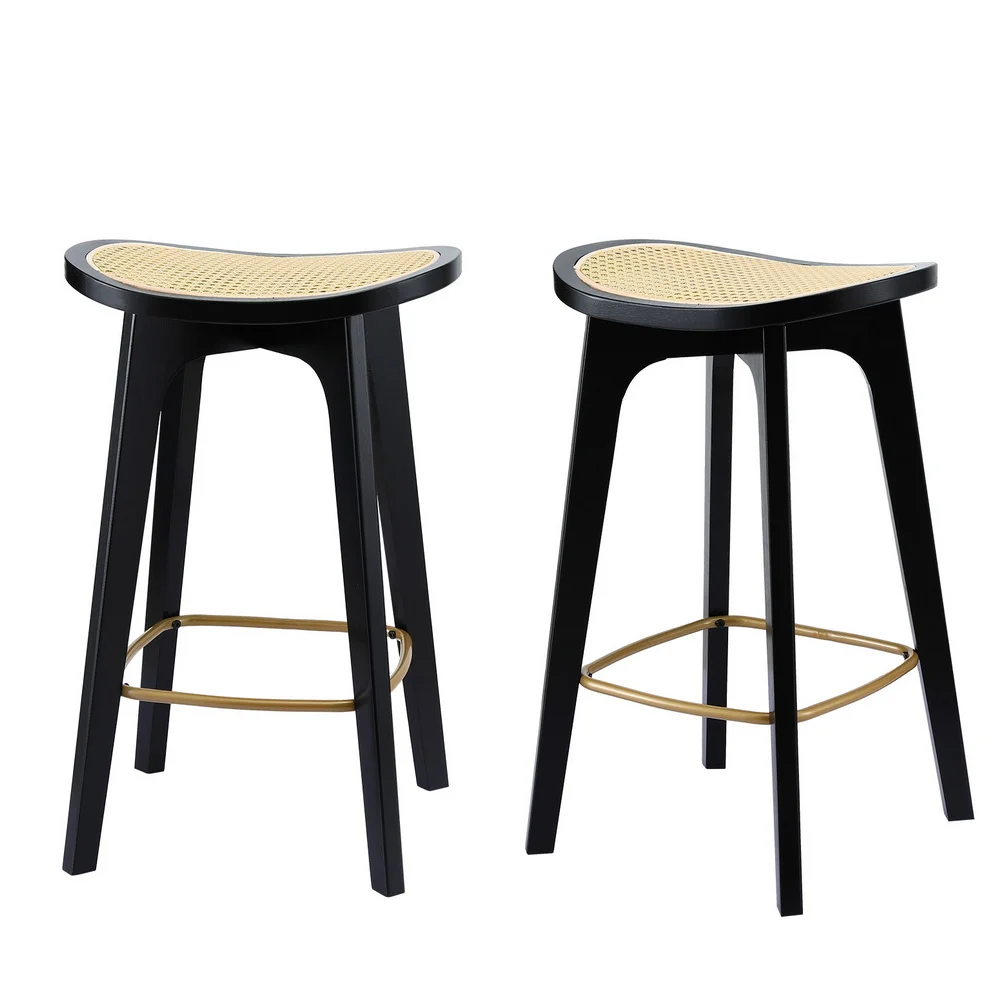 Artiss 2x Bar Stools Rattan Counter Kitchen Dinning Chair Bamboo Saddle – Black