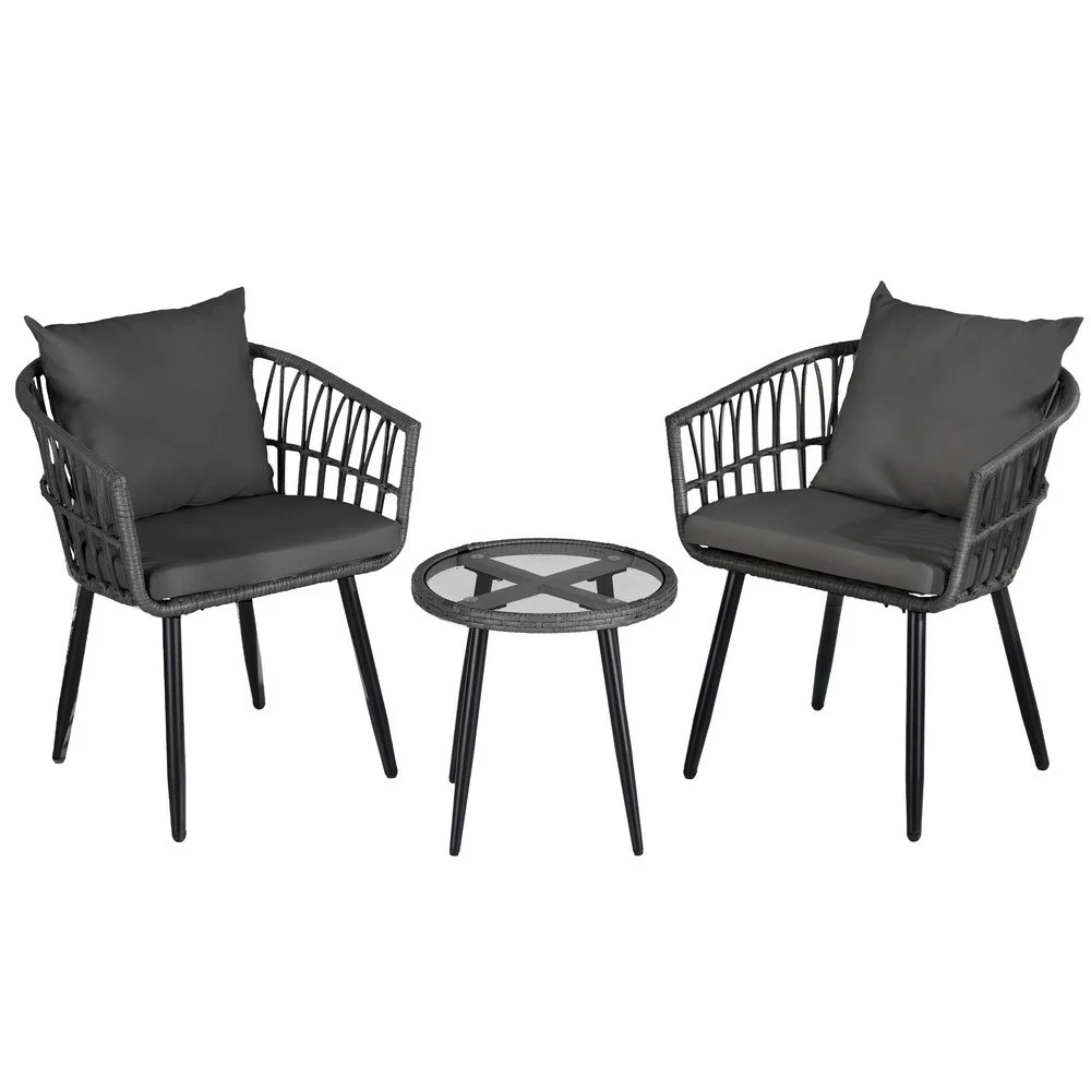 Gardeon 3-Piece Outdoor Bistro Set Patio Furniture Lounge Setting Table and Chairs – Grey