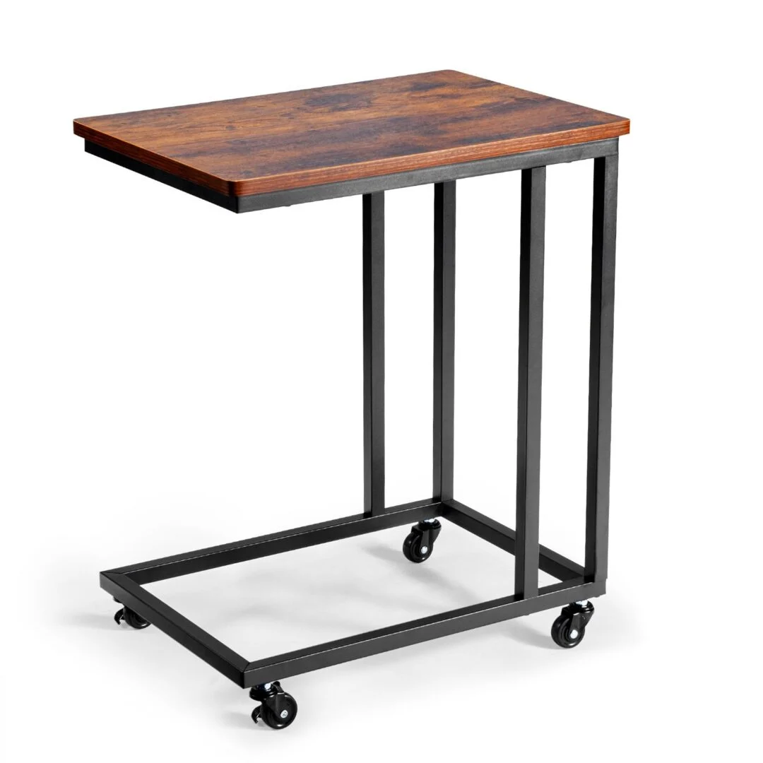 C Table, C Shaped Sofa Side Table with Metal Frame Rolling Casters, Portable C Shaped End Stand for Living Room Bedroom Office, 50 x 35 x 60.5 cm Laptop Side Tables, Brown and Black