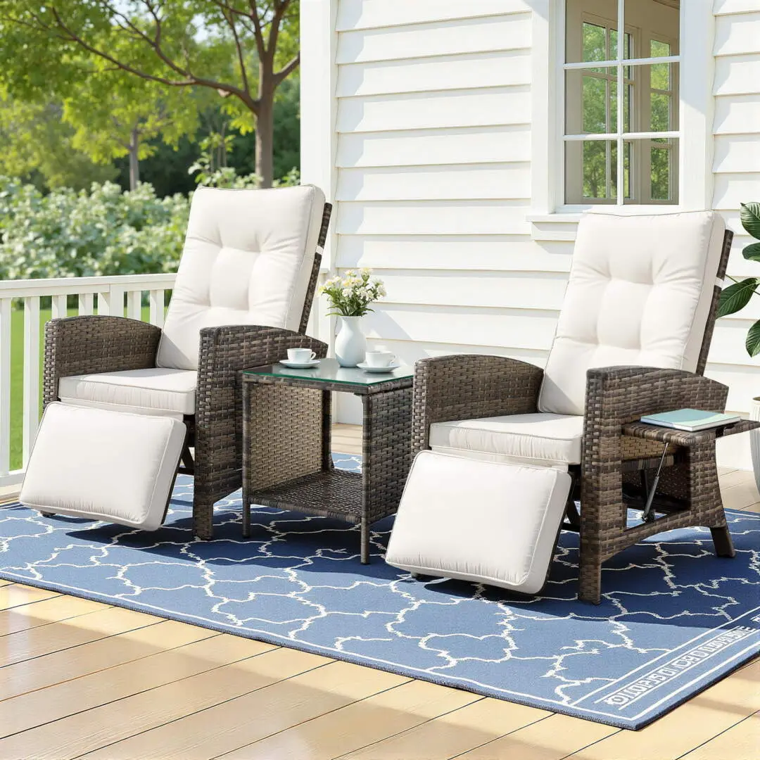Gardeon 3-Piece Outdoor Bistro Set Recliner Chairs Table Sun Lounge Patio Furniture Wicker Adjustable