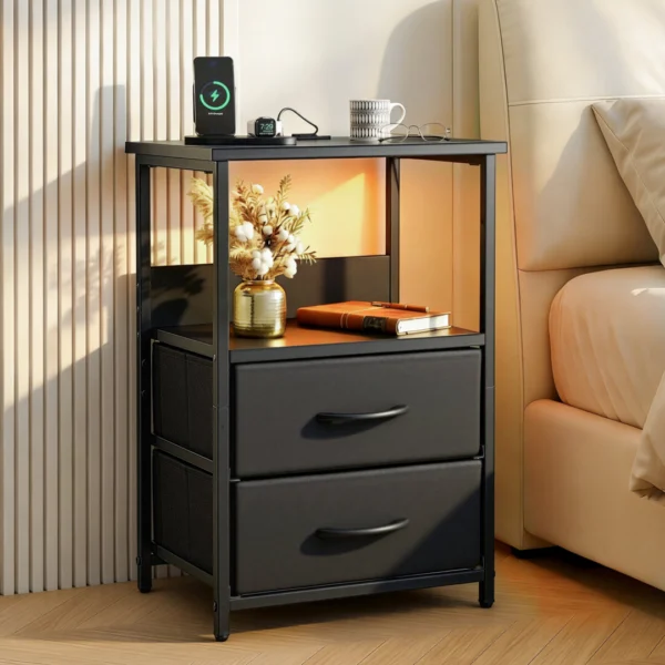 Artiss Bedside Table LED Nightstand Charging Station 2 Drawers Foldable – Black