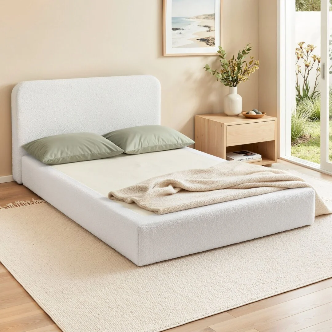 Artiss Compression Bed Frame Double Size No Assembly Vacuum High Density Sponge Boucle Cream – White