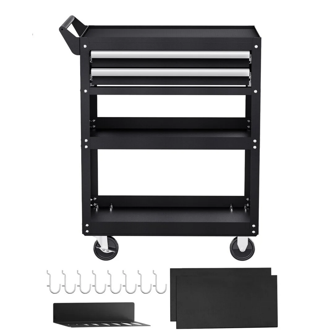 5-Tier Tool Cart with Wheels, 181.4 kg Load Capacity, Rolling Work Cart with 2 Drawers & Pegboard, Mechanic Tool Storage Organiser with Locking System for Garage, Warehouse and Repair Shop, Black