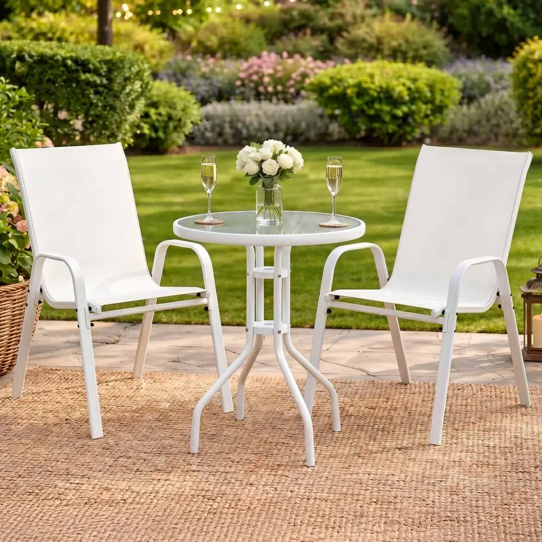 Gardeon 3-Piece Outdoor Bistro Set Table and Chairs Stackable Patio Furniture – White