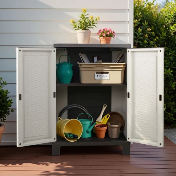Gardeon Outdoor Storage Cabinet Box 92 cm Lockable Cupboard Sheds Adjustable Rattan – Beige