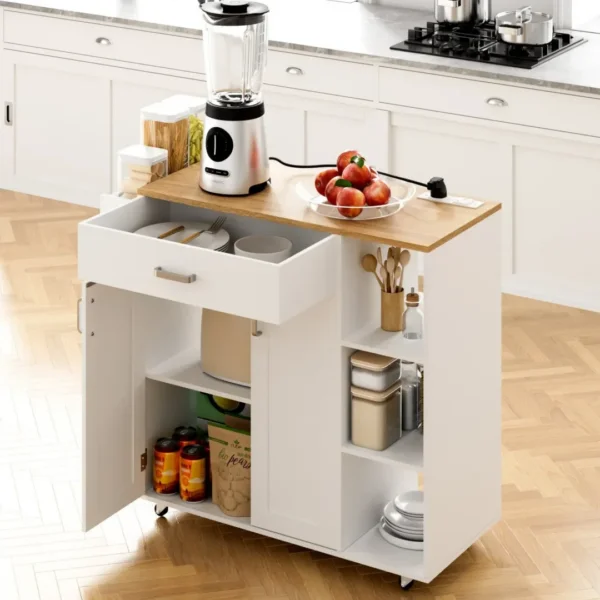 Kitchen Island Cart on Wheels with Charging Station, White, 83x38x82 cm