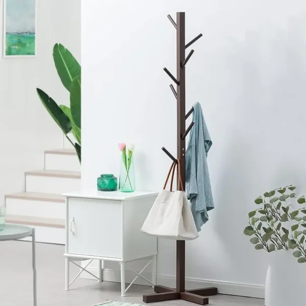 Brown Solid Wood Coat Rack Stand for Entryway – Sturdy Hat and Clothes Hanger