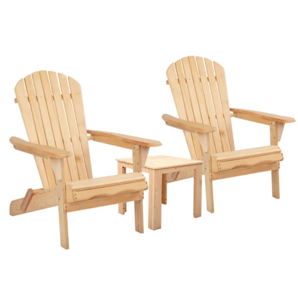 Gardeon 3-Piece Adirondack Outdoor Table and Chairs Wooden Foldable Beach Chair – Natural