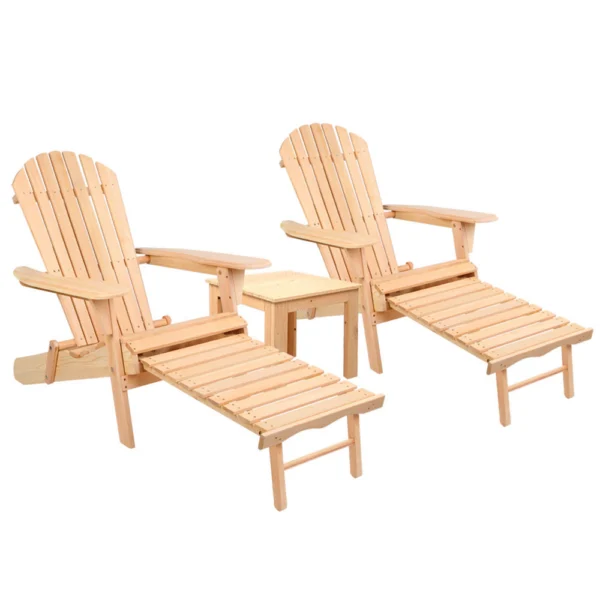 Gardeon 3-Piece Adirondack Outdoor Table and Chairs Wooden Sun Lounge Beach Patio – Natural