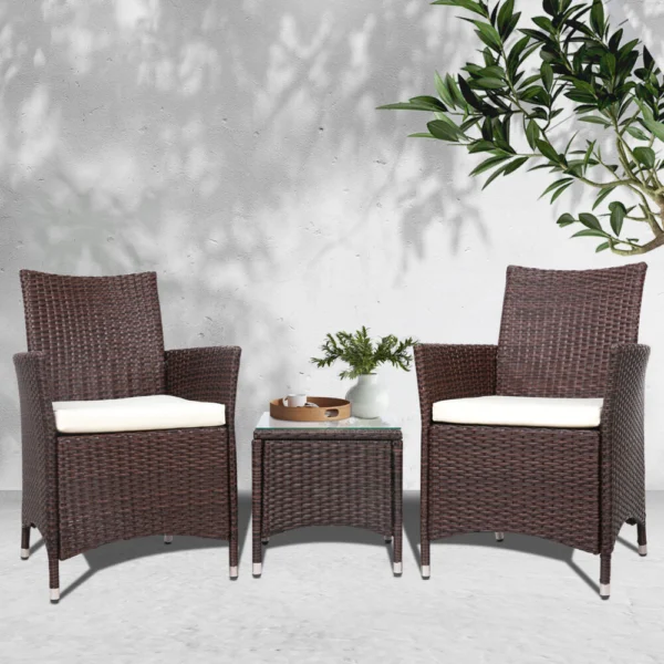 Gardeon 3-Piece Outdoor Bistro Set Patio Furniture Wicker Setting Chairs Table Cushion – Brown