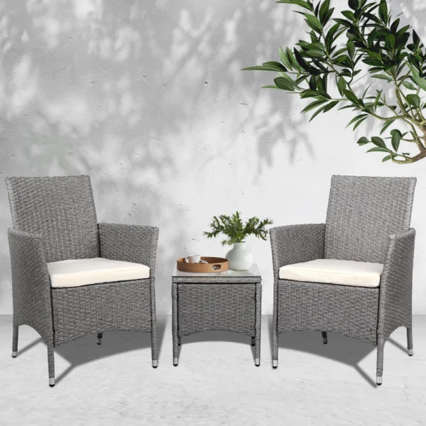 Gardeon 3-Piece Outdoor Bistro Set Patio Furniture Wicker Setting Chairs Table Cushion – Grey