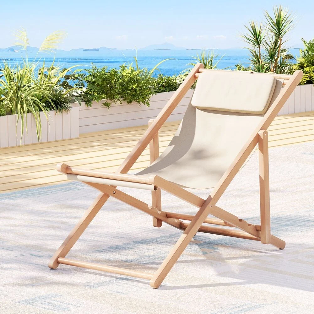 Gardeon Outdoor Deck Chair Wooden Sun Lounge Folding Beach Patio Furniture – Beige