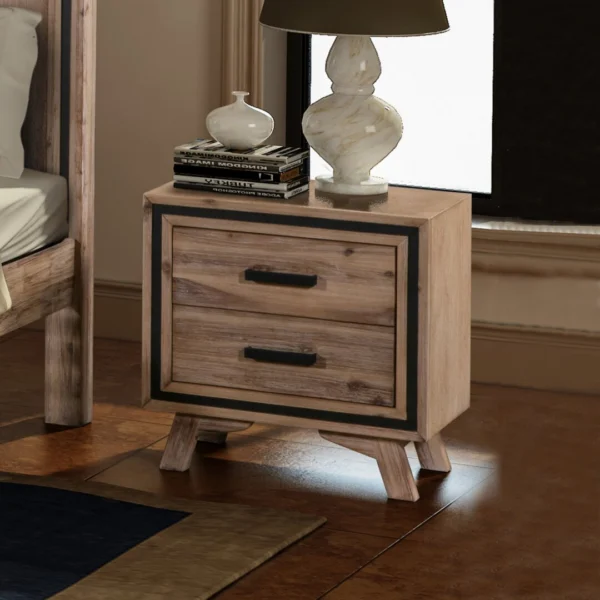 Bedside Table 2 Drawer Night Stand with Solid Acacia Storage in Silver Brush Colour