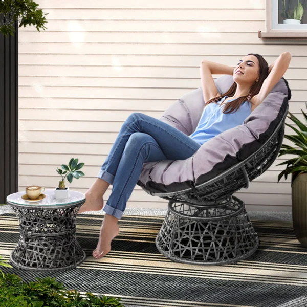 Gardeon Outdoor Lounge Setting Papasan Chair Wicker Table Garden Furniture – Grey