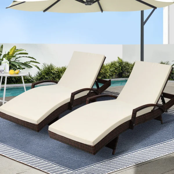 Gardeon 2-Piece Sun Lounge Wicker Lounger Outdoor Furniture Beach Chair Patio Adjustable Cushion – Brown