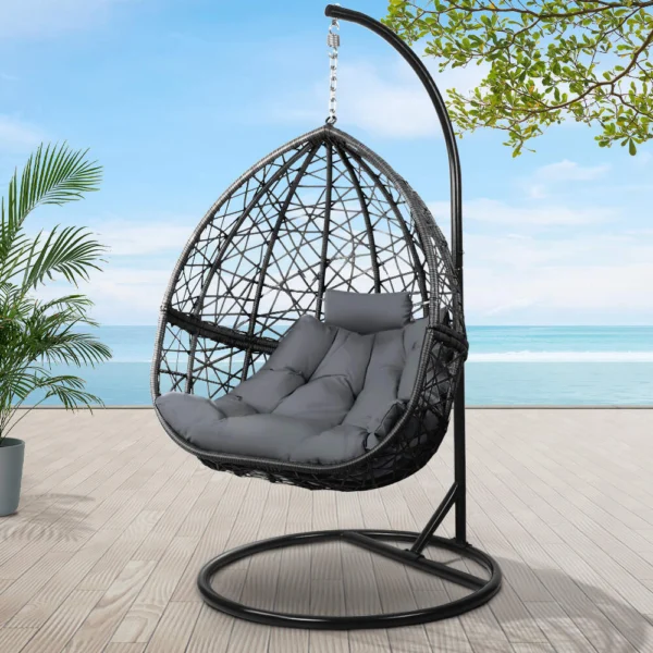 Gardeon Outdoor Egg Swing Chair Wicker Rattan Furniture Pod Stand Cushion – Grey