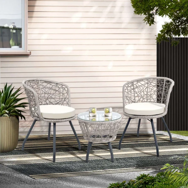 Gardeon 3-Piece Bistro Set Outdoor Furniture Rattan Table Chairs Patio Garden Cushion – Grey
