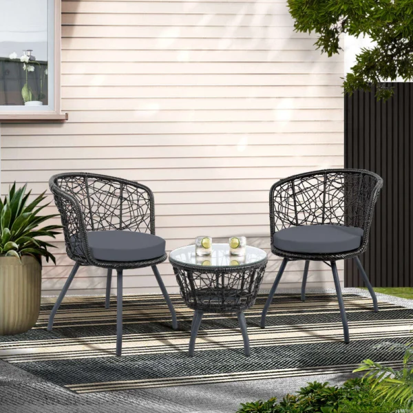 Gardeon 3-Piece Bistro Set Outdoor Furniture Rattan Table Chairs Patio Garden Cushion – Black