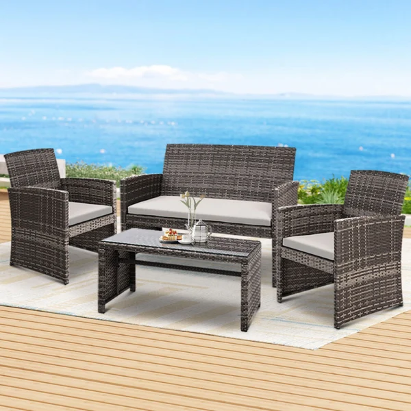 Gardeon 4-Piece Outdoor Sofa Set Rattan Chair Table Setting Garden Furniture – Grey