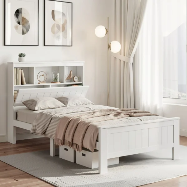 Artiss Bed Frame King Single Size Wooden with 3 Shelves Bed Head – White