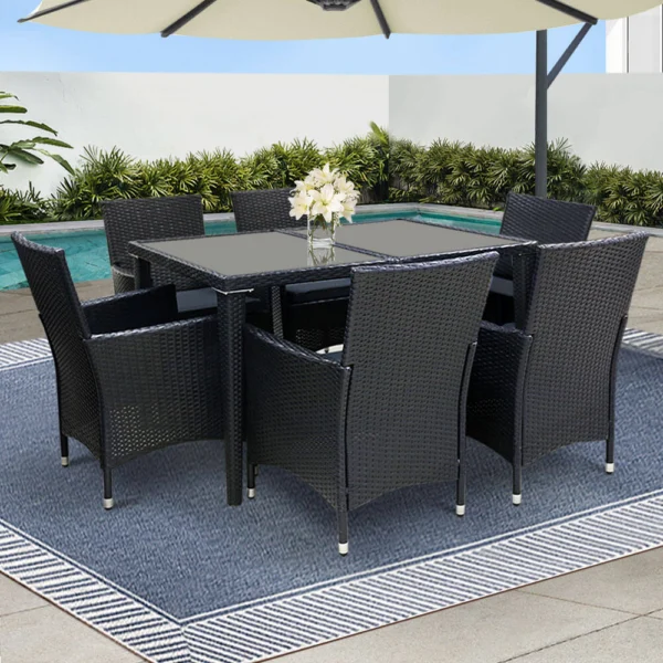 Gardeon Outdoor Dining Set 7 Piece Wicker Lounge Setting – Black