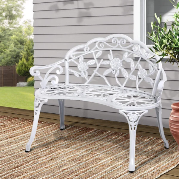 Gardeon Outdoor Garden Bench Seat 100 cm Cast Aluminium Outdoor Patio Chair Vintage – White