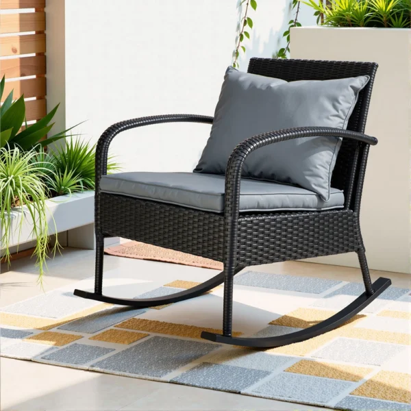 Gardeon Outdoor Furniture Rocking Chair Wicker Garden Patio Lounge Setting – Black