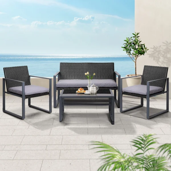 Gardeon 4-Piece Outdoor Sofa Set Rattan Furniture Glass Top Table Chairs – Black