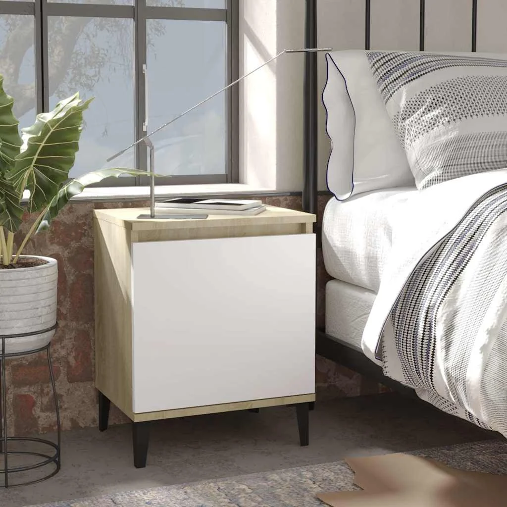 vidaXL Bed Cabinet Metal Legs Sonoma Oak and White