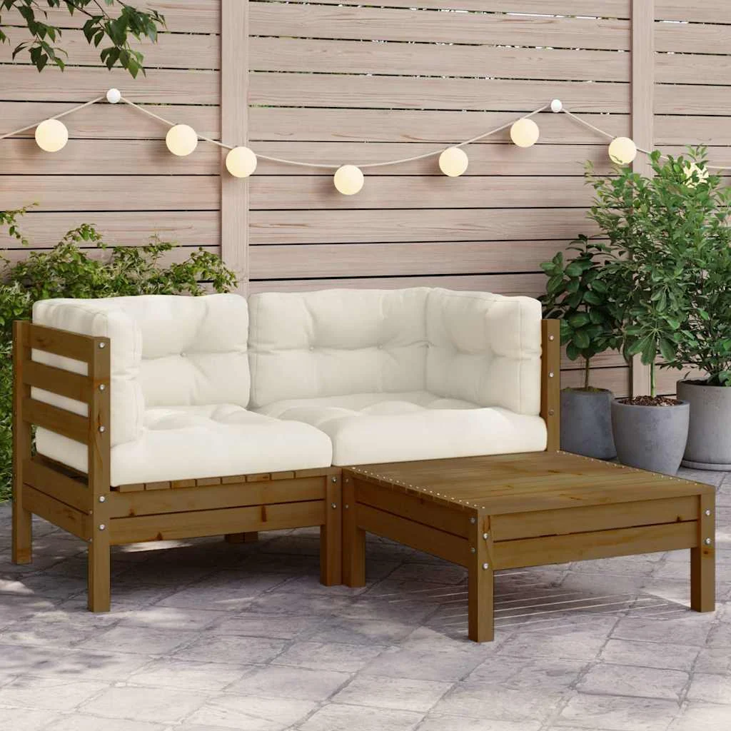 vidaXL 3 Piece Garden Lounge Set with Cream Cushions Solid Pinewood