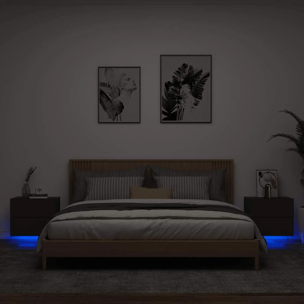 vidaXL Wall-mounted Bedside Cabinets with LED Lights 2 pcs Black