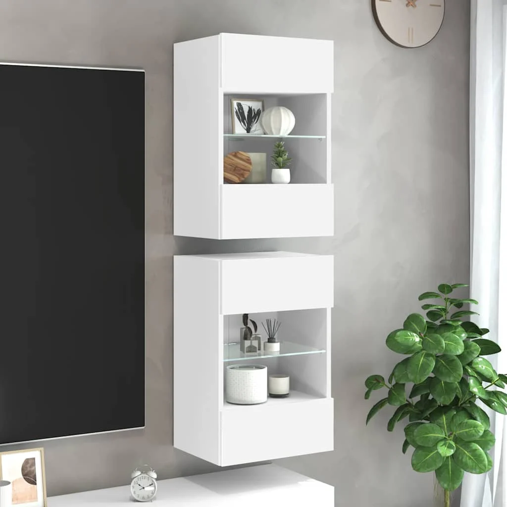 vidaXL Wall Cabinets with LED Lights for TV 2 pcs White 40x30x60.5 cm