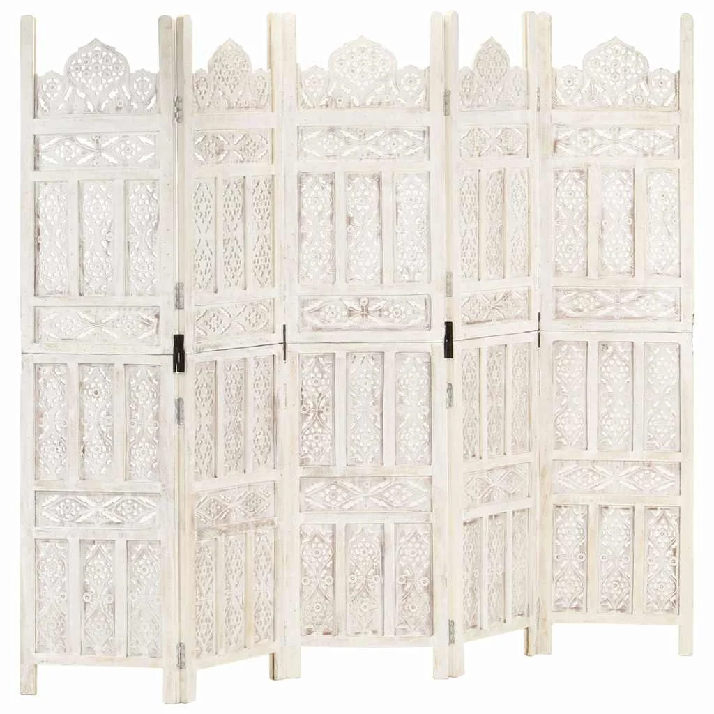 vidaXL Hand carved 5-Panel Room Divider White 200x165 cm