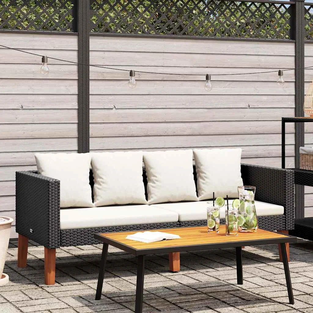 vidaXL 2-Seater Garden Sofa with Cushions Poly Rattan Black